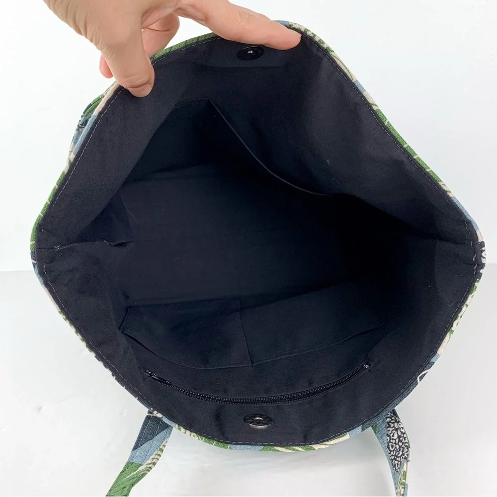 Canvas leaf tote bag large handmade tote blue with green, white & black leaves